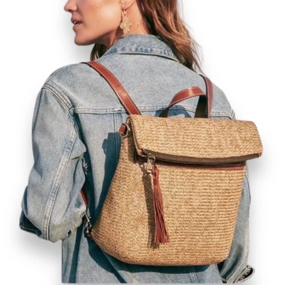 Patricia Nash Luzille Woven Straw Convertible Crossbody Backpack Bag Cognac